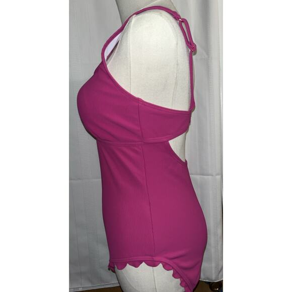 CHARMO Pink Ribbed Scalloped 1 Piece Swimsuit Womens Retro Modest Square Neck S - Picture 10 of 14